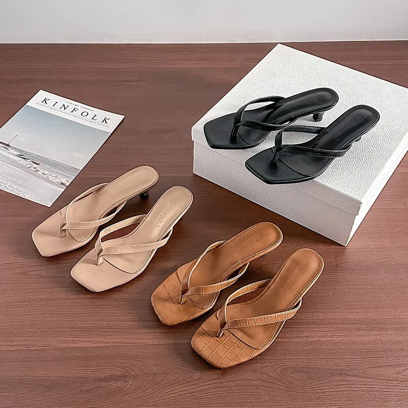 

New Women's Shoes Exquisite Square Head High Heels Flip Flops for Woman Elegant French Casual Shoes Designer Shoes Zapatos Mujer