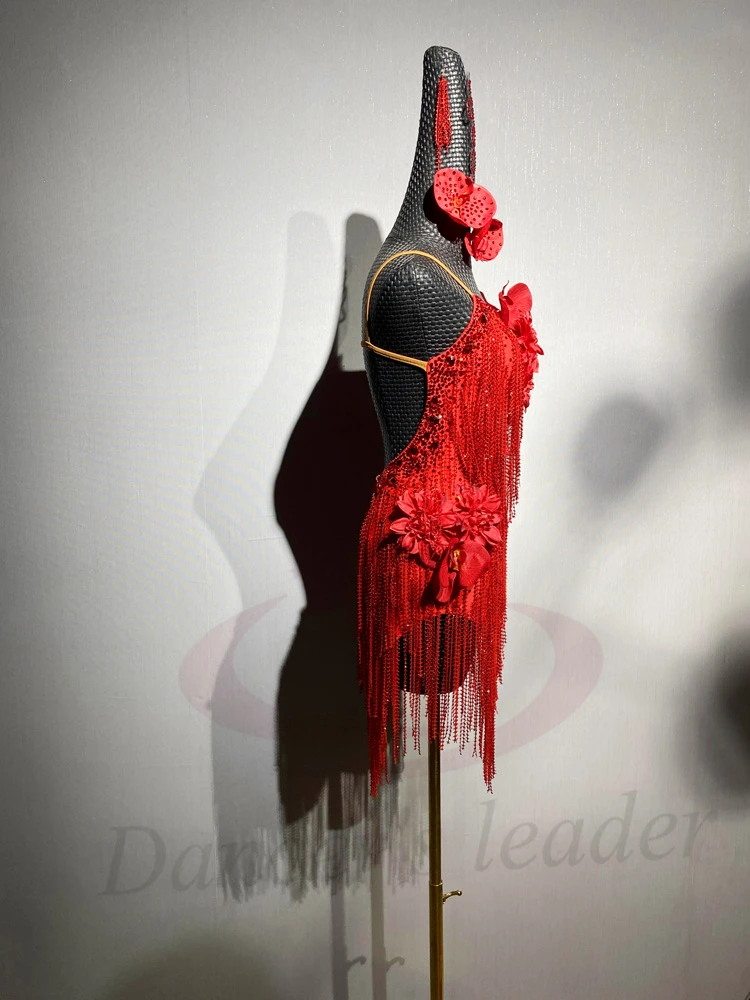 الرقص اللاتيني AB Stone أنثى الكبار الأطفال الراقية مخصصة كبيرة زهرة حمراء فستان أسود بركة السامبا أداء اللباس