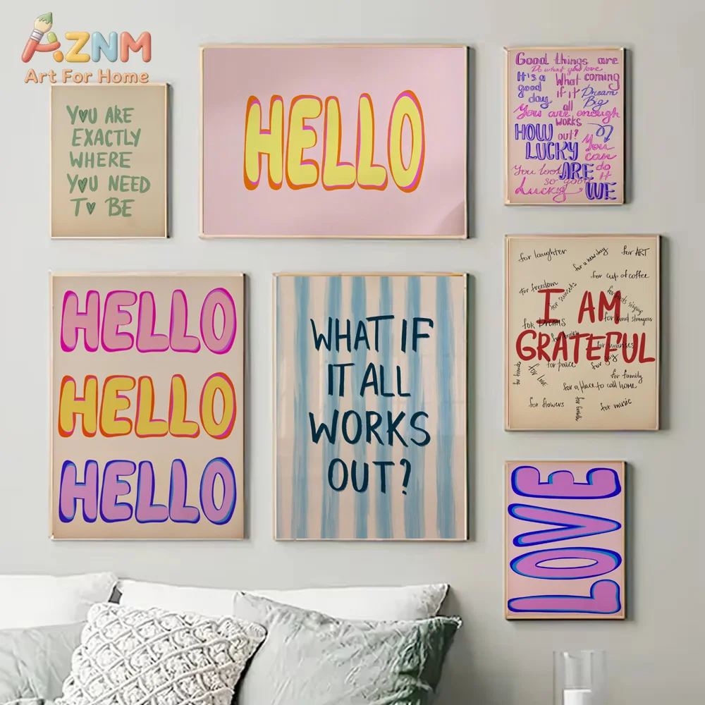 AZNM Frameless Canvas Wall Art, Pastel Bubble Font Inspirational Text Print, Hello Love Grateful Positive Affirmation Typography