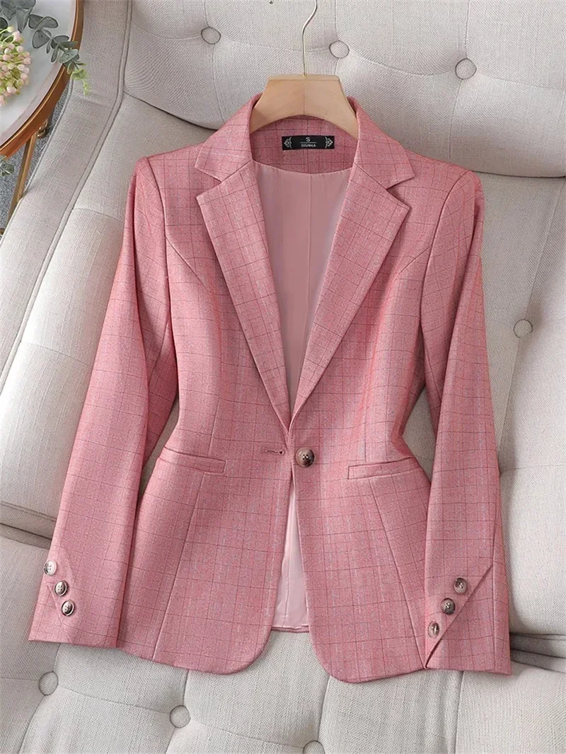 Blazer à carreaux à manches longues pour femmes, veste à bouton unique, manteau formel pour dames, vêtements d'affaires, vêtements de travail pour femmes, rose, noir, bureau