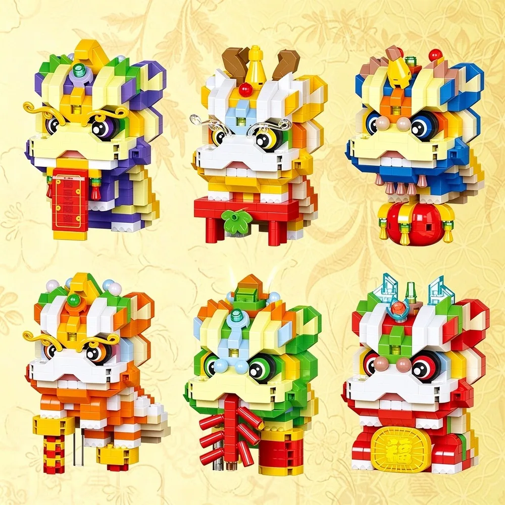 Cartoon Trend Lion Dance Building Blocks Spring Festival Decoration Educational Toy Desktop Ornament Kids New Year Holiday Gift