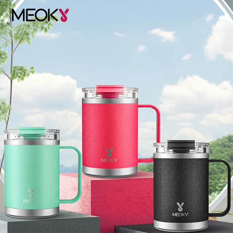 

Meoky 14oz Office Cup Tumbler Handle Multicolor Stainless Steel Leak-Proof Insulated Drinkwear Water Bottle Two Ways to Drink