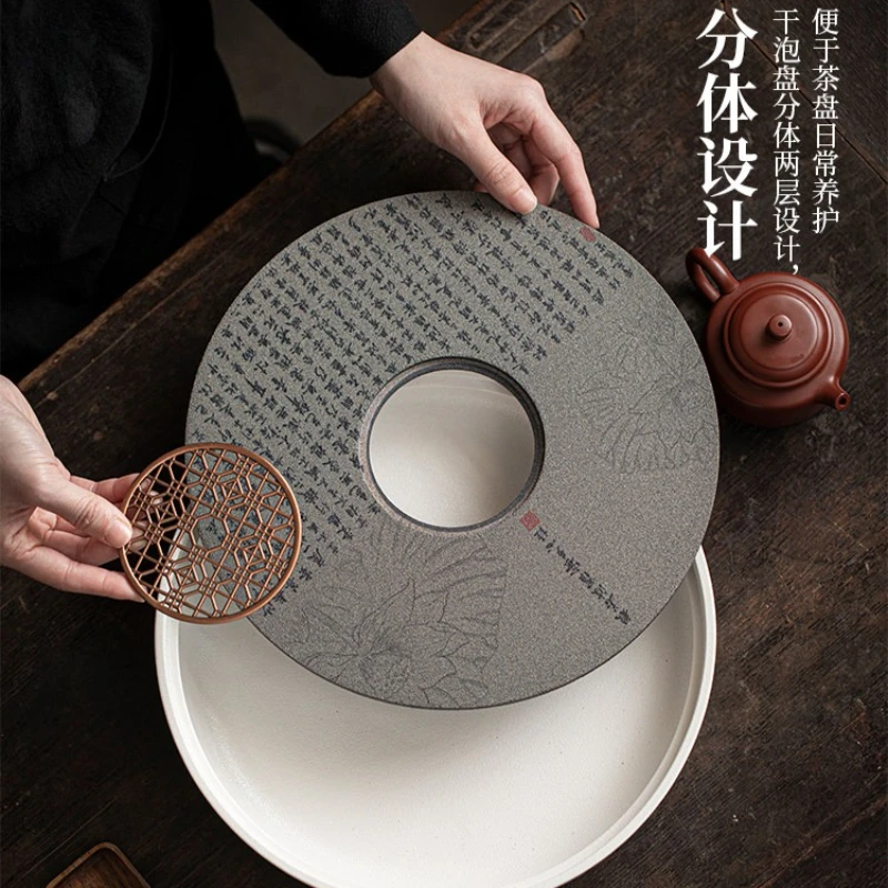 Water‑Absorbent Round Ceramic Tea Tray, Quick Dry Storage Plate, Household Dry‑Brew Platform for Kung Fu Tea Ceremony