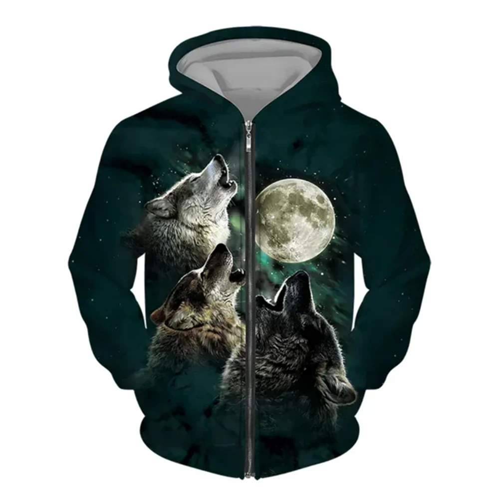 Men zipper hoodie Wolf 3D printed zipper hoodie men\'s pullover fashion casual sweater street Harajuku Clothing Spring and Autumn