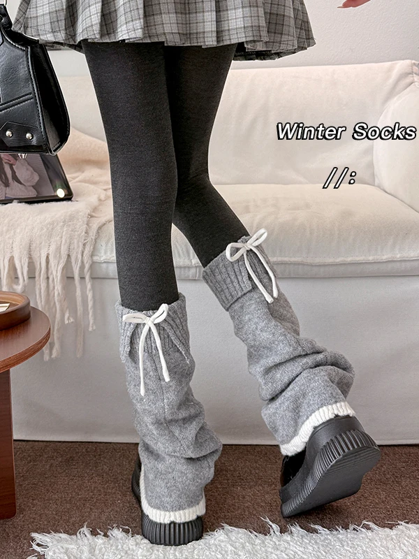Gray Knitted Miu Style Leggings Socks for Women with  Knots Japanese Style Color Block Lace Design All Day Wear
