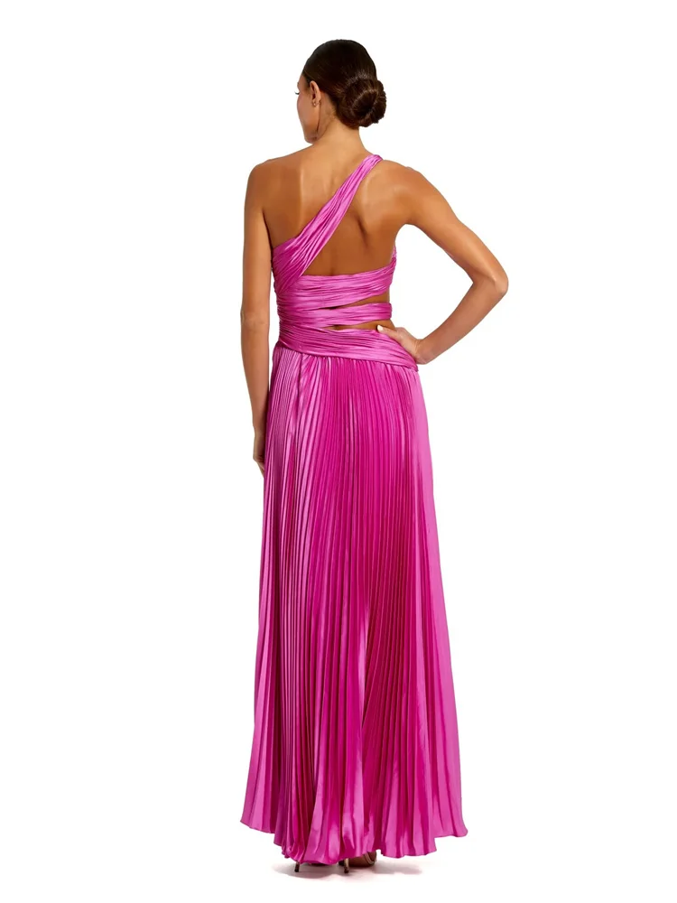 Gorgeous One Shoulder Neck Sleeveless Pleated Bodice Satin Prom Dress Elegant Strappy Back High Slit Party Gowns For Women 2024