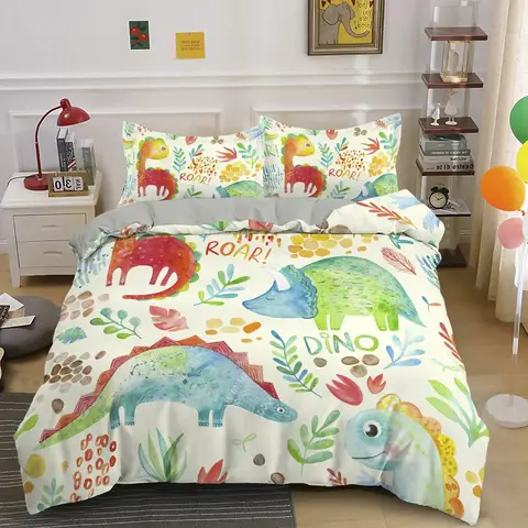 Cute Dinosaur Duvet Cover Kids 3D Cartoon Animal Bedding Set Full/Queen Microfiber Quilt Cover For Boy Girl Child Bedroom Decor