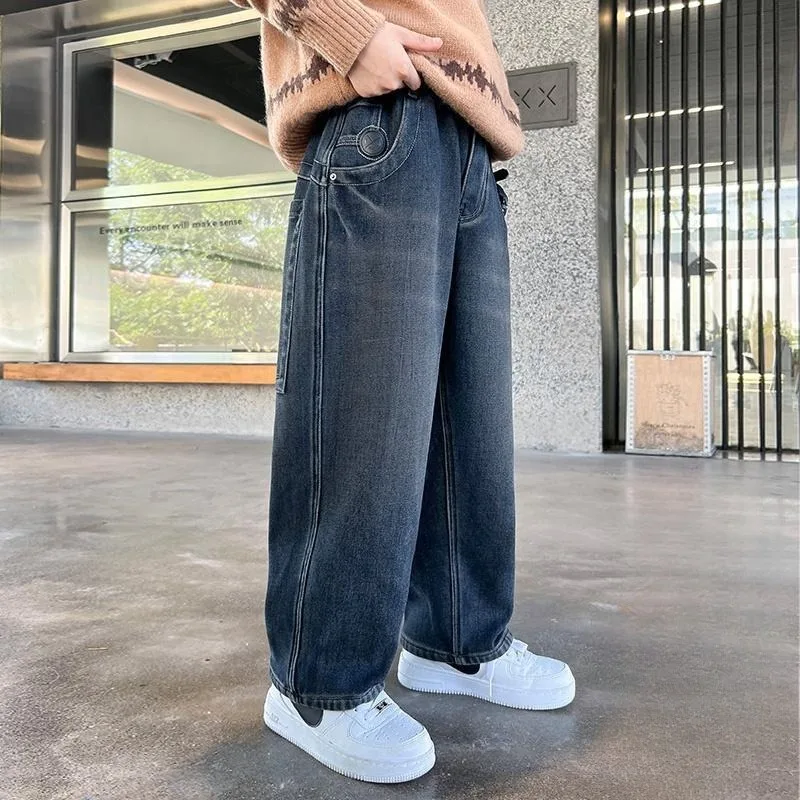 Premium Boys Autumn Winter Fleece-Lined Jeans 2025 New Boys' Thickened Straight Leg Jeans Blue Winter Toddler Boys' Jeans
