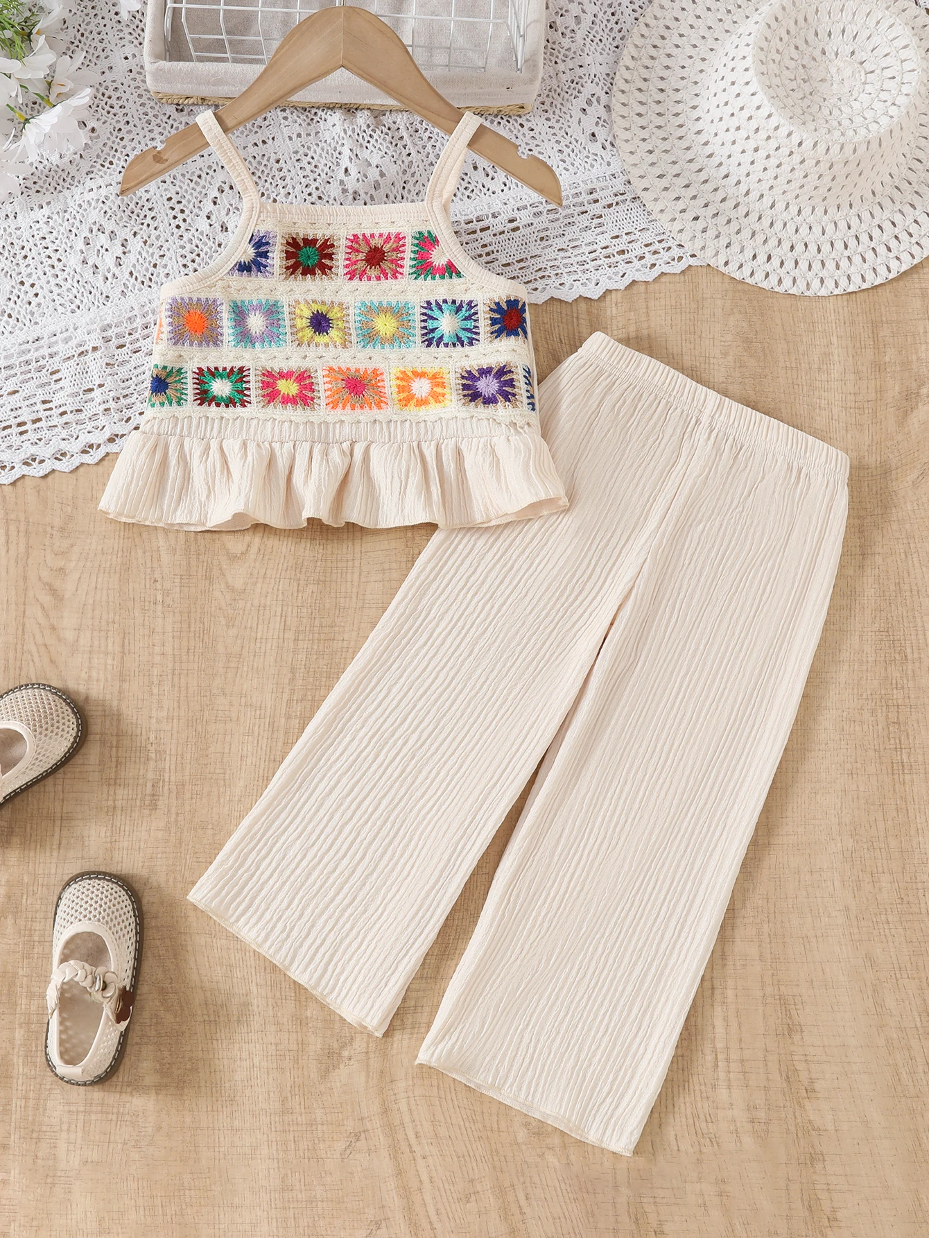 Baby Girl's Summer Sleeveless Best-Selling Ancient Style Crocheted Short Top and Casual Long Pants 2-Piece Set