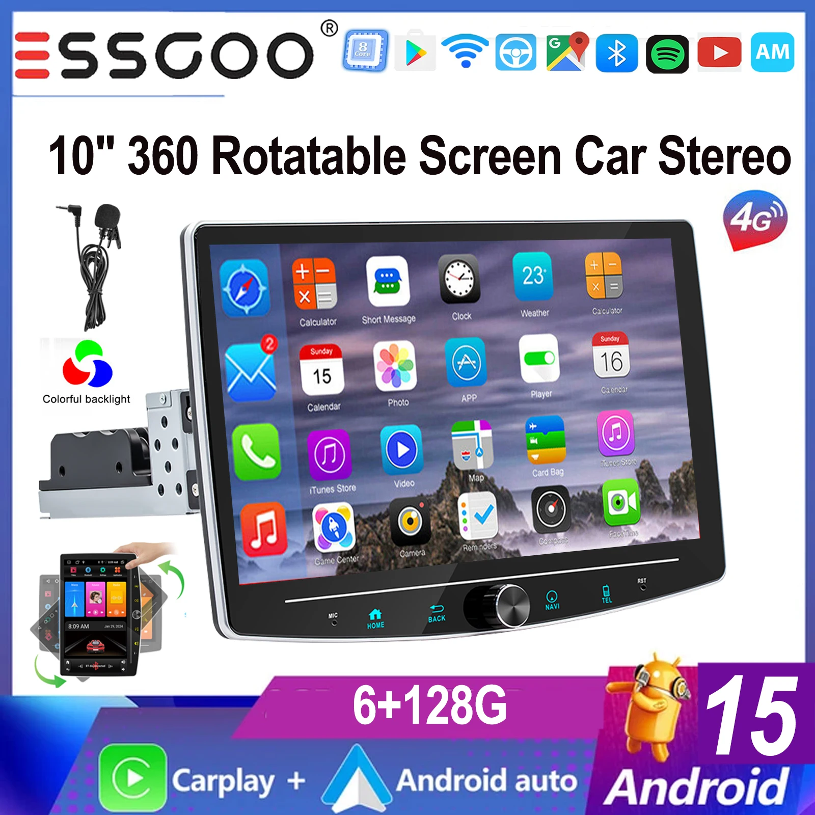 ESSGOO 10,1" Android 15 1 DIN Universeel 360 °   Draaibaar touchscreen carplay MICROFOON Android auto Autoradio Radio GPS NAVI BT WIFI FM