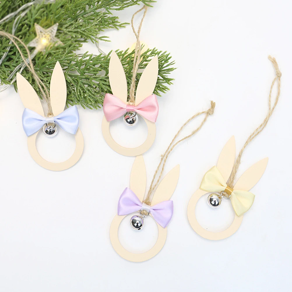 Easter Wooden Rabbit With Bow Tie Bell Decoration Hanging Rabbit Pendant Party Decoration Craft Gift