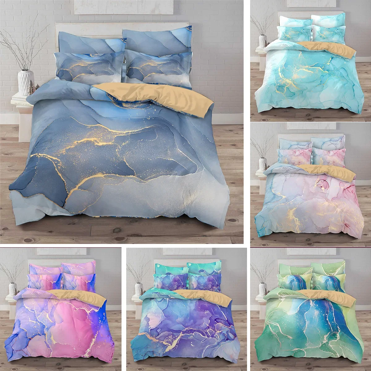 

Chic Girly Marble Duvet Cover Abstract Geometric Bedding Set Microfiber Glitter Blue Comforter Cover King Queen For Kid Teen Boy