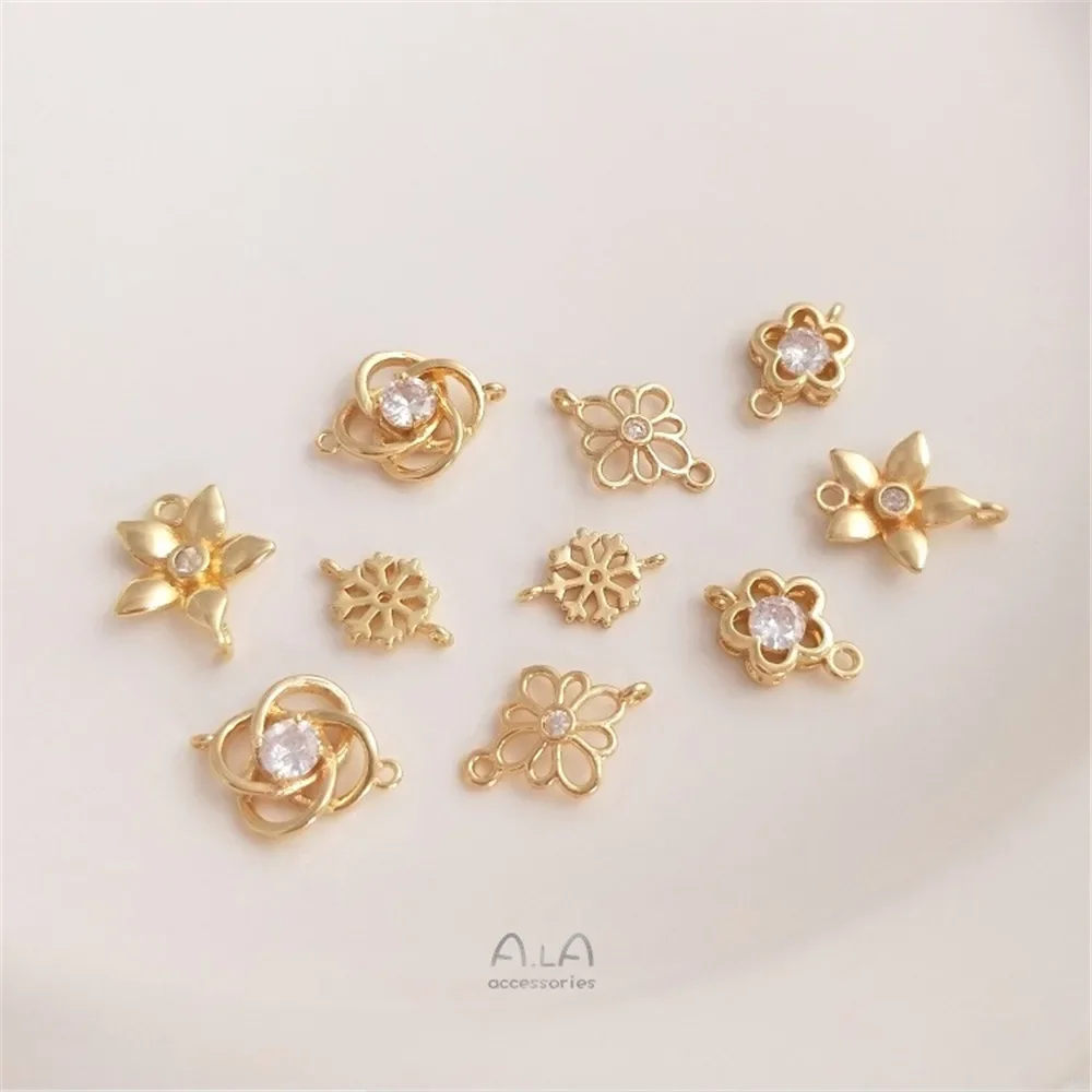 Copo de nieve de circón de Color dorado de 14K, flor de ciruelo, conector colgante doble, pulsera, collar, accesorios DIY hechos a mano