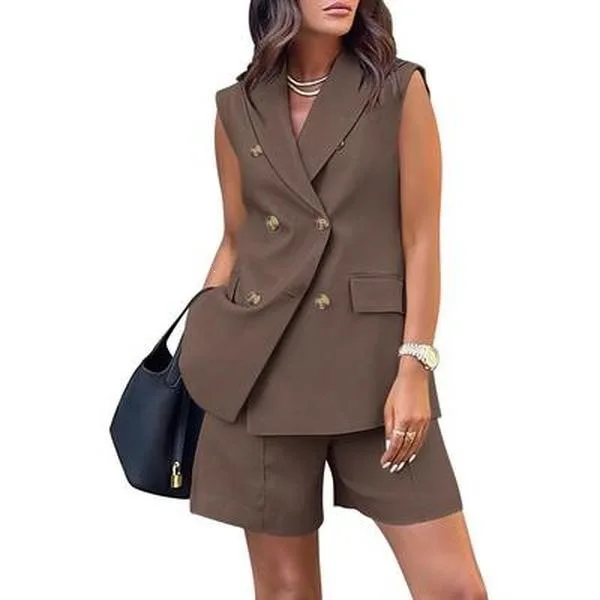 

Women's Double Breasted Suit Set Fashionable Summer Outfit Two-Piece Ensemble Elegant Professional Workwear