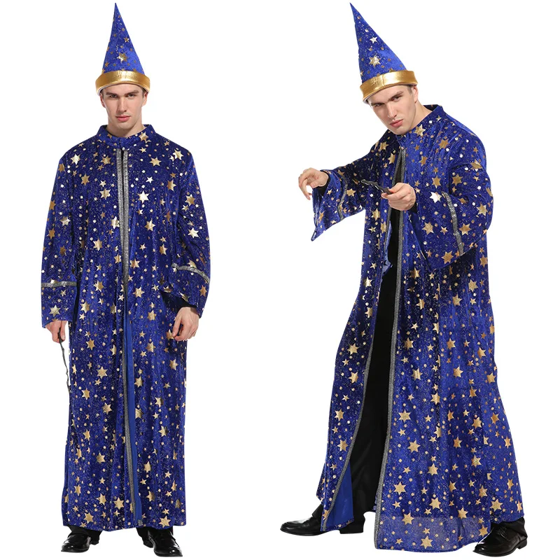 Erwachsenen-Halloween-Kostüm für Männer: Blaue Robe und Hut mit Stern- und Mondmotiv, Magier-Kostüm für Cosplay und Rollenspiele