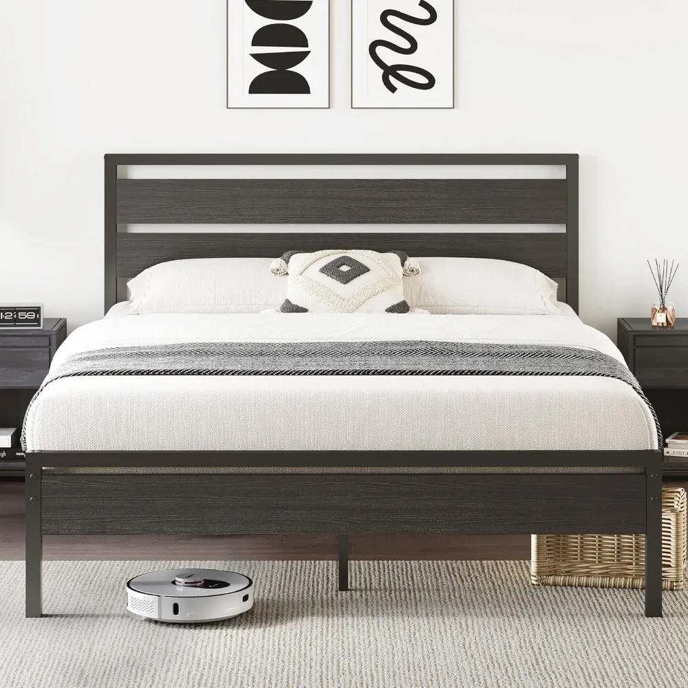 

16 Inch Queen Bed Frame Sturdy Metal Bed Frame Queen Size with Wooden Headboard and Footboard, Noiseless/12.5"