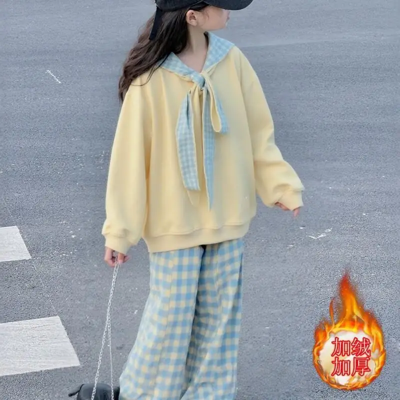 

Корейский стиль, модная детская одежда в стиле кавайи, зимний комплект для девочек, флисовый клетчатый костюм, осень-зима 2026, новая модная теплая двойка