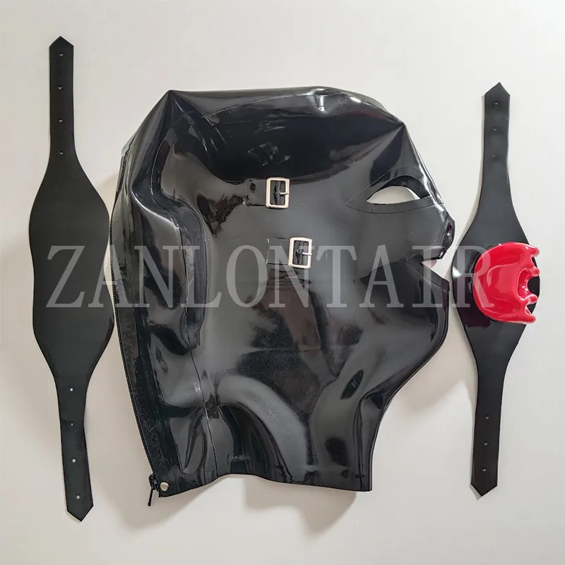 Personal Customize Exotic Latex Rubber Hoods with Nose Tube Mouth Teeth Gag Plug Eyeshade Open Eyes and Mouth Cover Mask Zip