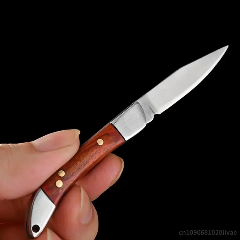 Stainless Steel Blade Wood Handle Mini Pocket Keychain Knife Folding EDC Tool Outdoor Camping Survival Utility Knife Peeling