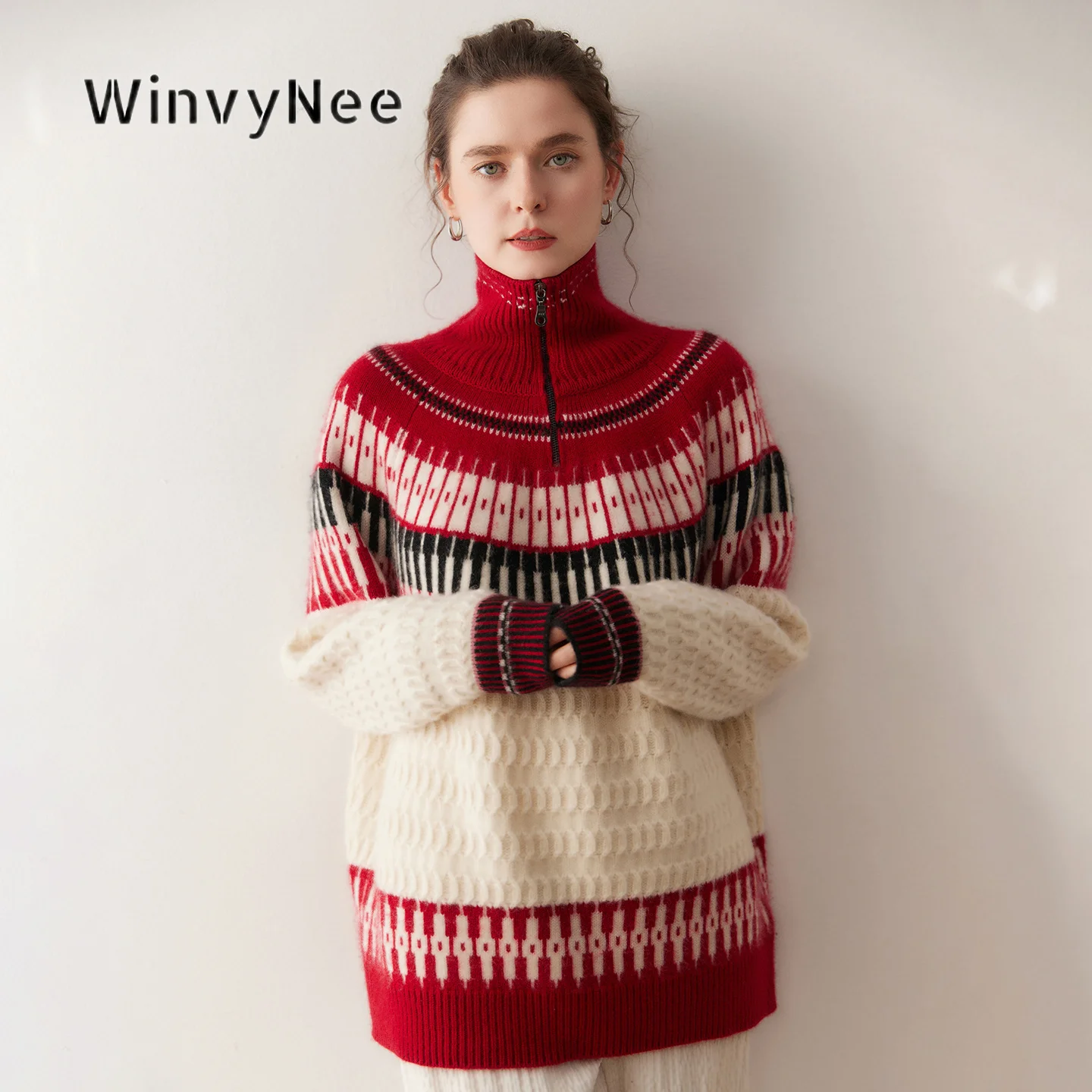WinvyNee Womens High Neck Half Zip Jacquard Pullovers Warm Mixed Wool Loose Retro Stripe Soft Autumn Winter Knit Top A1654027