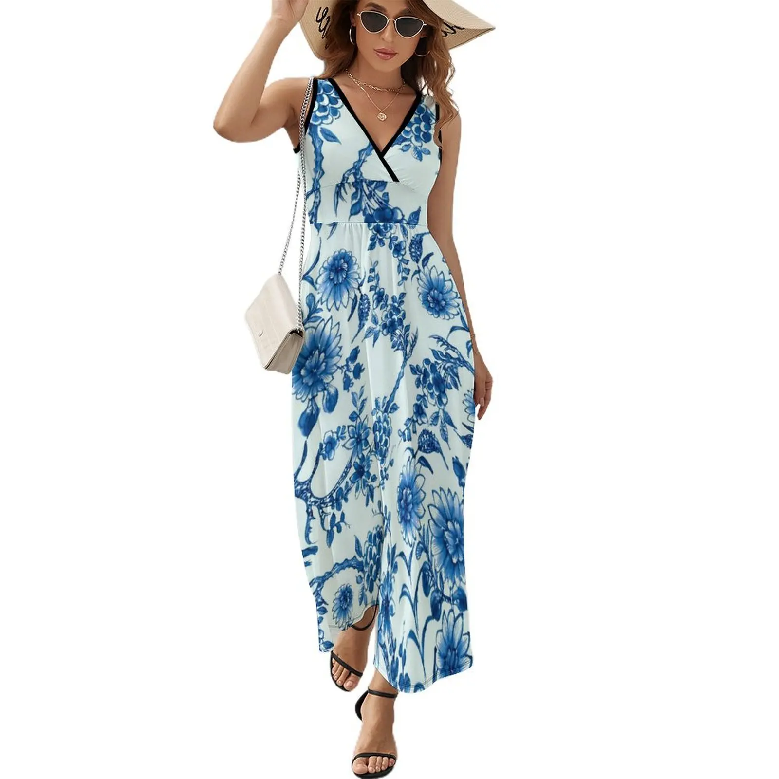 

Retro Blue Flower Dress Willow Floral Print Korean Fashion Boho Beach Long Dresses Female Kawaii Custom Maxi Dress Gift