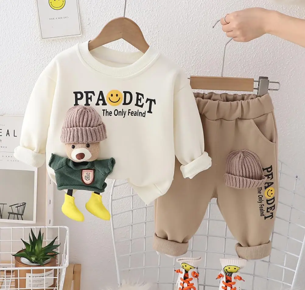 Boys Spring Outfits 2024 New Style Baby Kids Clothes Cartoon Bear Long-Sleeved Hoodies+Pants Children Suits Toddler Tracksuits