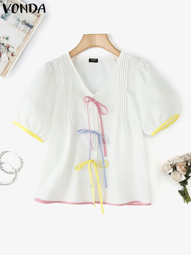 

Summer Short Sleeve Tops Tee VONDA Vintage Patchwork Bow Lace-up Women Blouses V Neck Pleated Tops Tee Streetwear Tunic Blusas
