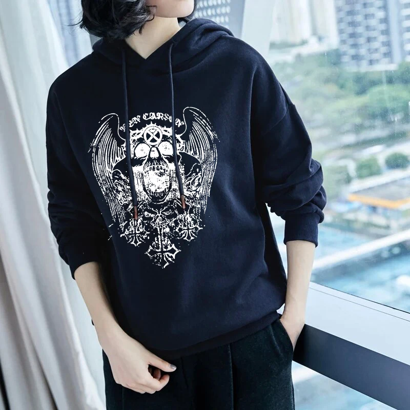 Y2K Punk Style Fashion Hoodies Women Hip Hop Long Sleeve Loose Pullover New Creative Skull Wing Pattern Print Hooded Sweatshirts