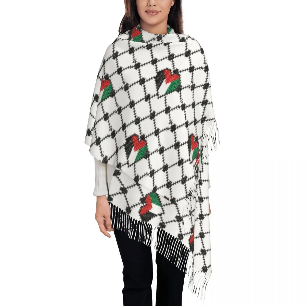 Womens Tassel Scarf Heart Palestine Flag Keffiyeh Large Winter Fall Shawl Wrap Palestinian Hatta Kufiya Gifts Pashmina Scarves