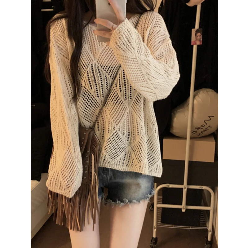 Pullovers Women Crochet Knit Long Sleeve Sheer Hollow Out Open-Knit Cover Up Top Teen-girl Spring Summer Vacation Beach Wear