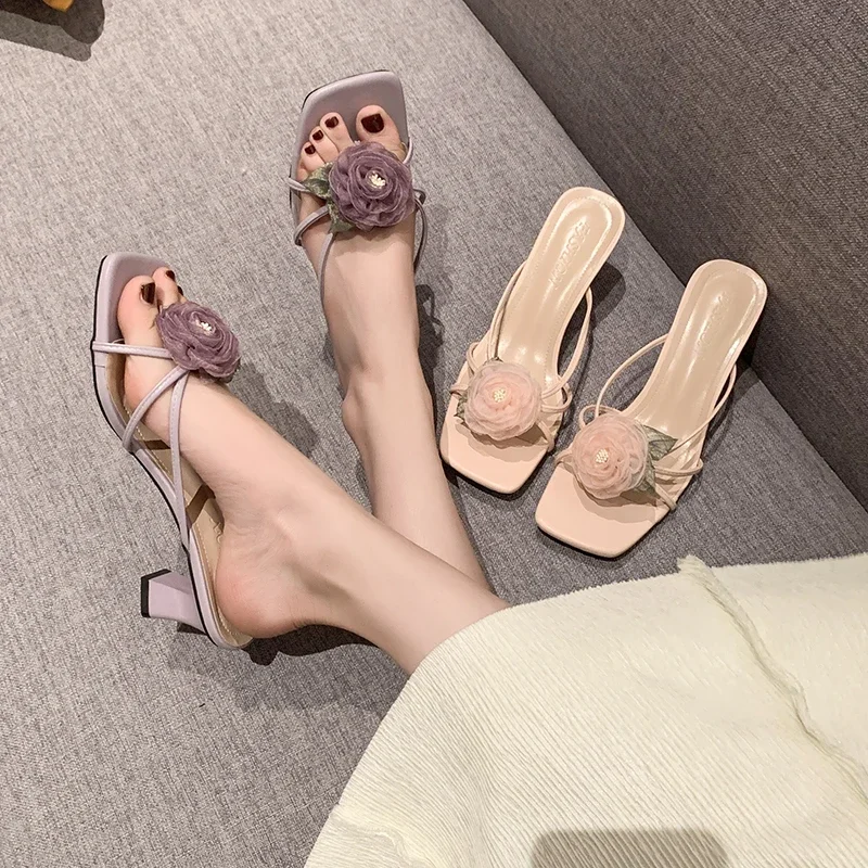 

Sandalias De Mujer Summer Fashion Lace Flower Square Toe Women's Slippers High Heel Sandals Beach Slippers Zapatos