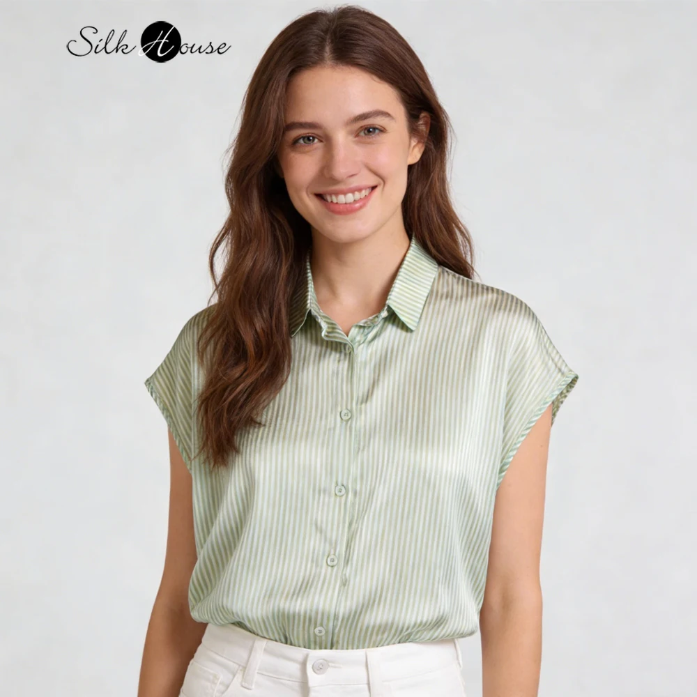 

Cool Vertical Texture Soft Glutinous Mint Green 93%Natural Mulberry Silk Elastic Satin Lapel Short Sleeved Women's Fashion Shirt