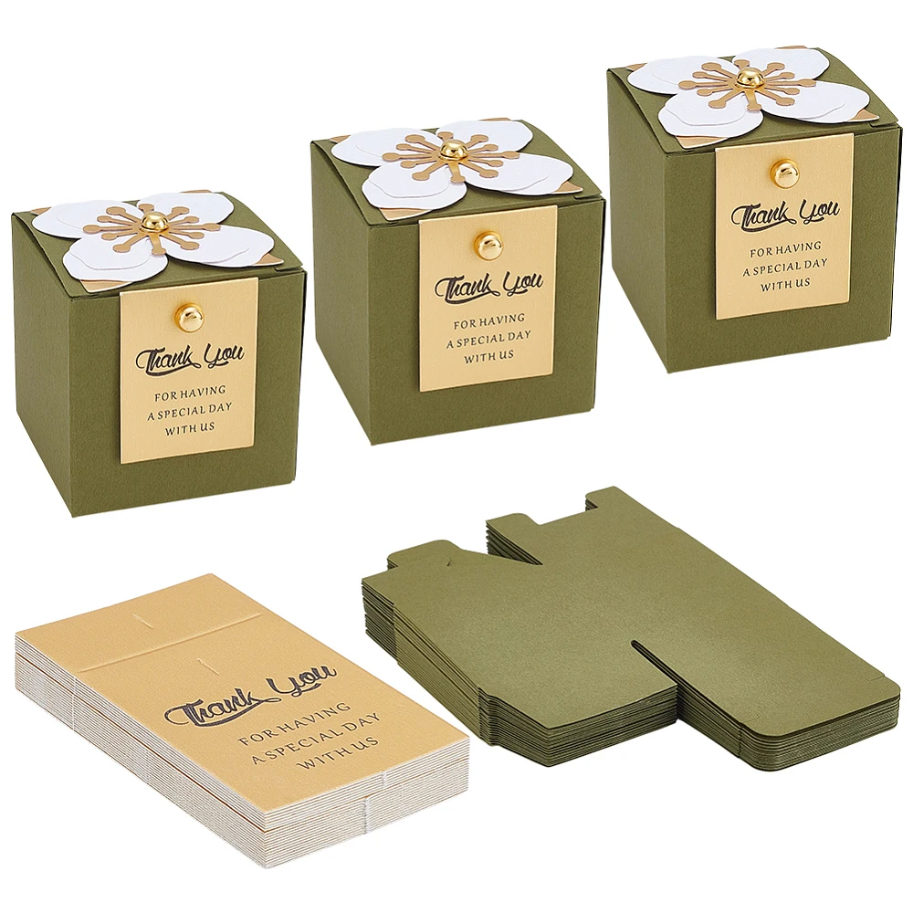 30Pcs Green Favor Floral Decor 2.5 x 2.5 x 2.5 Inch Wedding Boxes Paper Bridal Gift Box with Thank You Tags for Guests