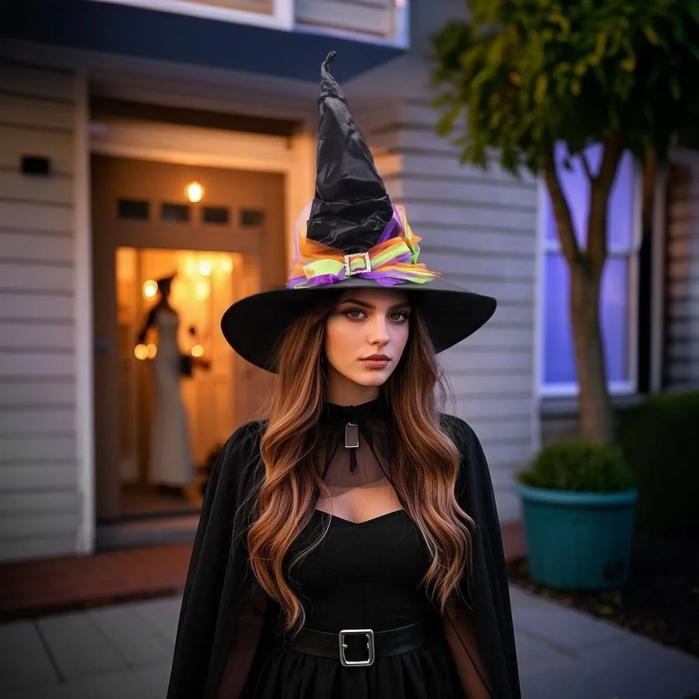 Cool Folds Halloween Witch Hat Satins Gothic Queen Mesh Bow Witch Hat Baroque Cosplay Photo Props Wizard Cap Dress Up