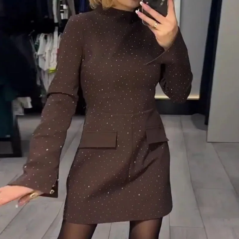 Mini abito sottile scintillante con diamanti alla moda Donna Primavera Elegante O Collo Abito da festa a trapezio Abito autunnale a maniche lunghe con cerniera sui fianchi