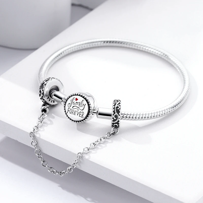 New 925 Sterling Silver Scroll Pattern Rubber Plug Safety Chain Charms Bead Fit Original Bracelet DIY Women Birthday Jewelry Gif