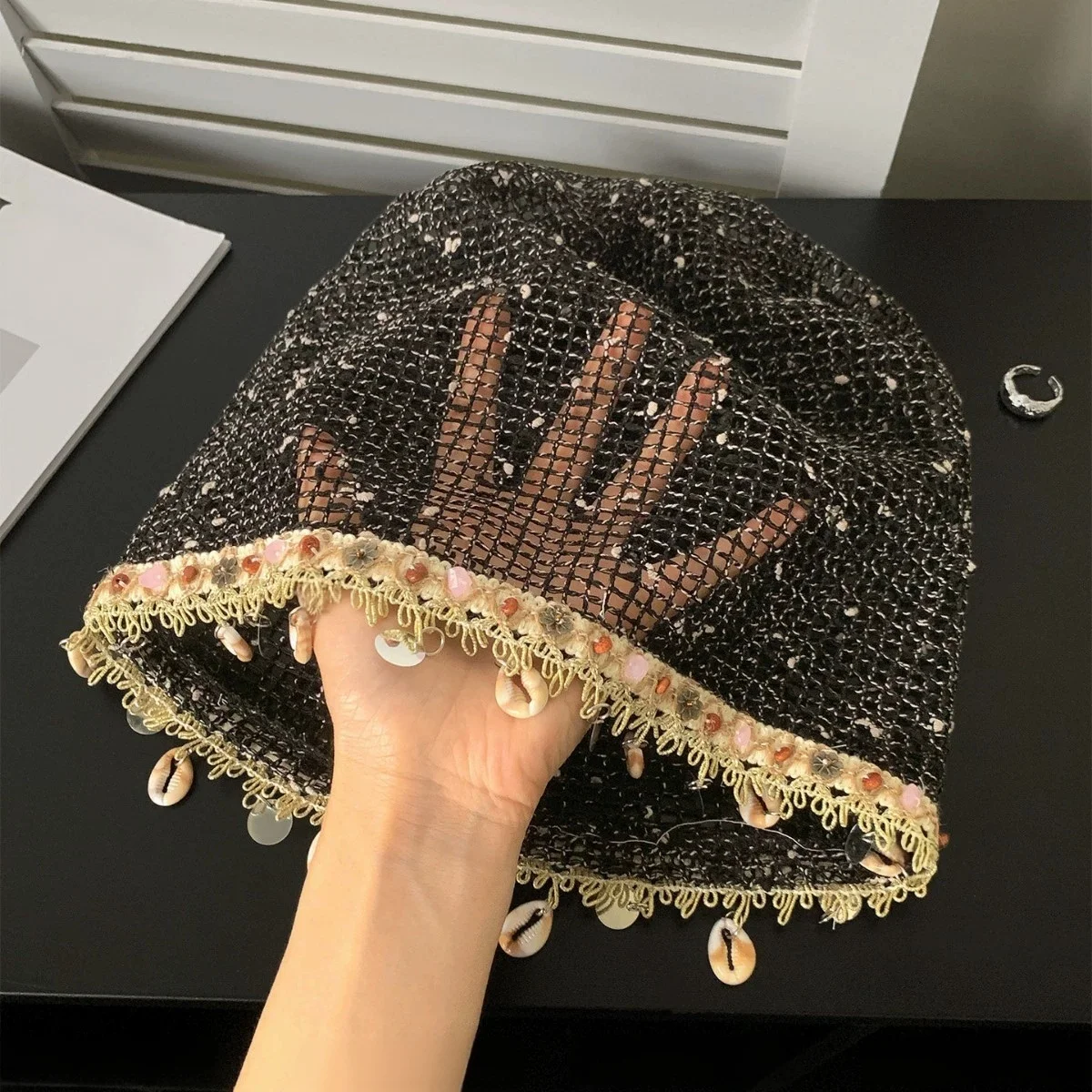 Vintage Shell Pendant Beanie for Women—Lightweight Knit Beanie, New Style Openwork Puffed Beanie for Spring/Summer