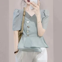 Office Lady Korean Fashion Summer Women's Solid Color V-Neck Chiffon Pullover Ruffles Button Short Sleeve T-shirt Elegant Tops