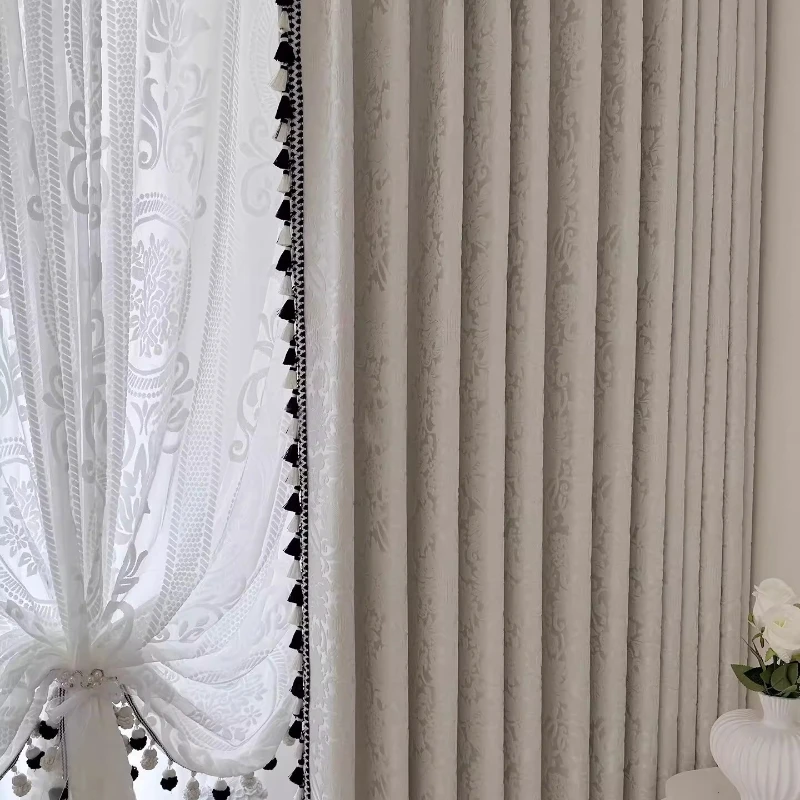 Custom Size French Cream Style Embossed Jacquard Chenille Blackout and High-end Feel Curtains for Living Dining Room Bedroom