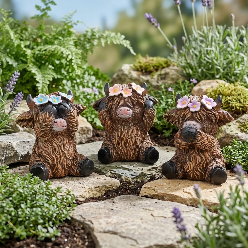 Set Of 3 Highland-Cow Garden Decor Sculptures Durable Resin Outdoor Animal Figures For Lawn And Patio