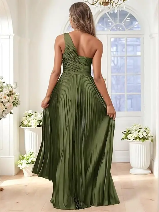 Women's One Shoulder Bridesmaid Dresses with Slit Pleated Chiffon High Low Long Formal Evening Dress for Wedding