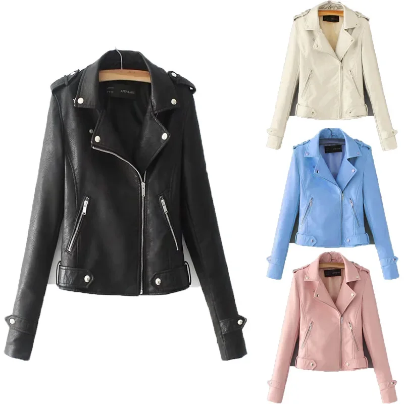 Women Faux Leather Jacket Beige Casual Slim Motorcycle Biker Leather Coat Female Punk Streetwear Spring Autumn Jackets