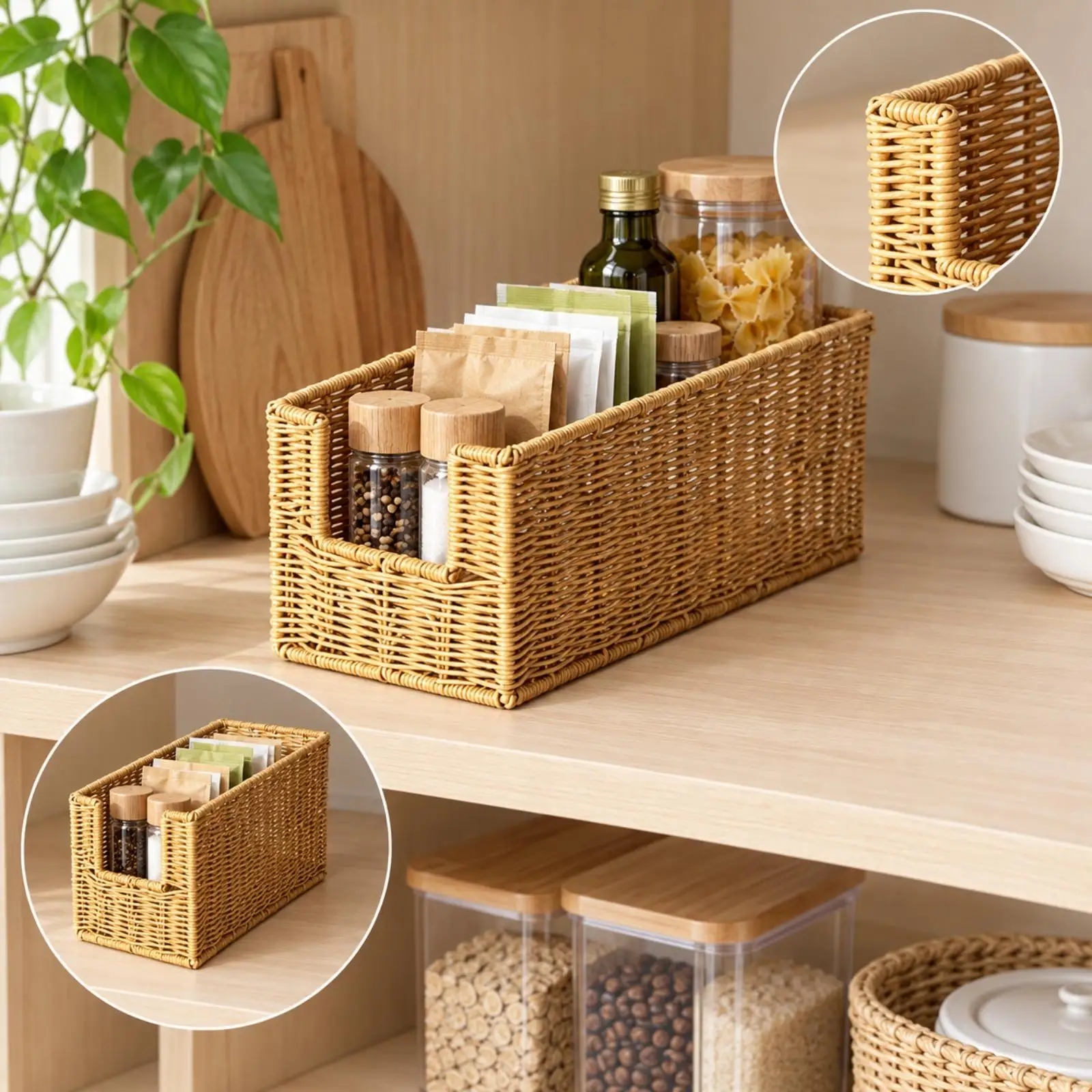 Faux-Rattan Storage Basket with Reinforced Rolled Edges Long-Lasting Open-Front Storage Basket with Woven Sides Sturdy