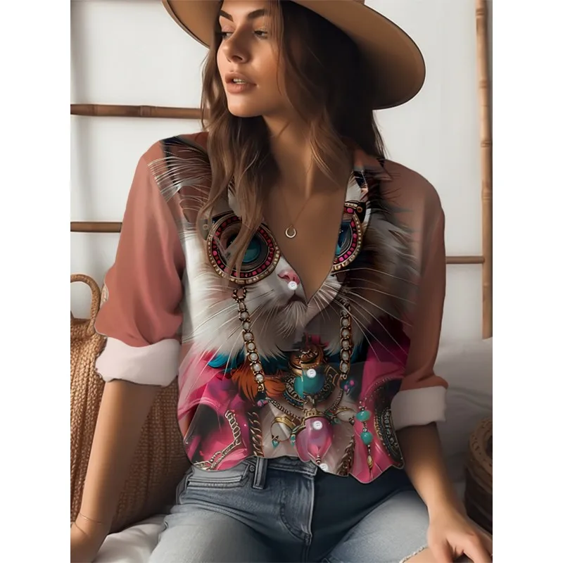 Women's Pink Cat-Themed Button- Shirt - Collar Blouse Top, Machine Washable Polyester Button-Print Blouse Button-Front view 5