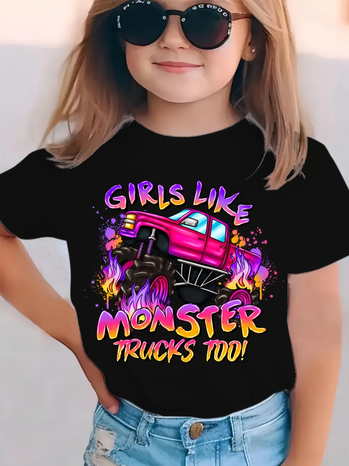 Pink Flame Monster Truck Girls Slogan Splash Print Family Matching Cotton Tees Short Sleeve Tops For m Dad Boys Girls Daily Wear