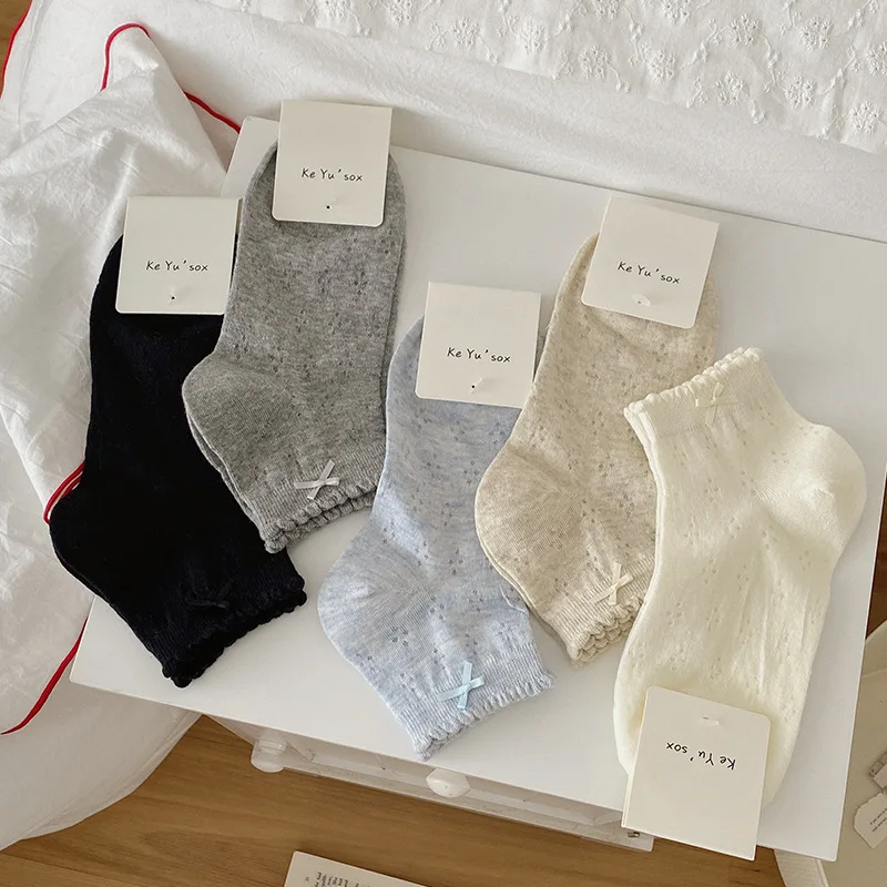5Pairs/Set Women Ruffle Mini Bow Hollow Mesh Ankle Socks Soft Breathable Thin Casual Sneakers Matching  Designer Socks