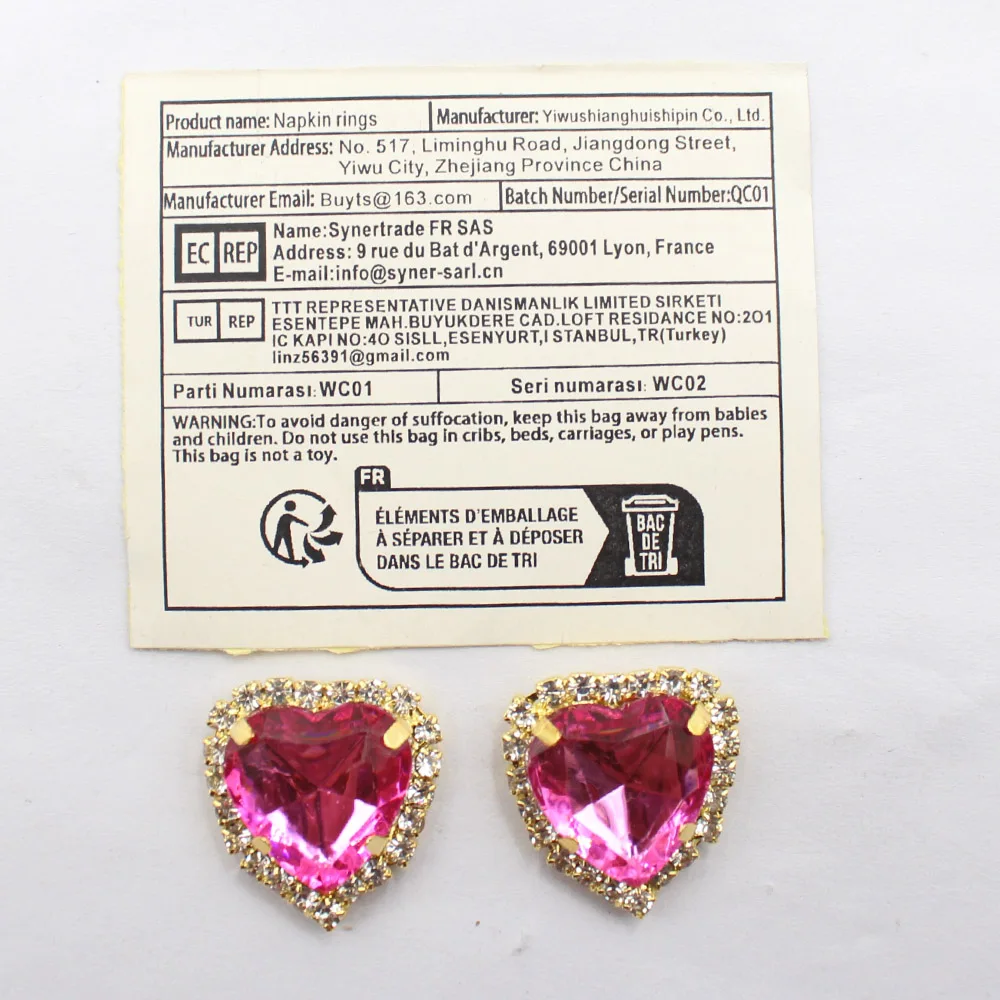 20mm 10pcs Gold Flat Bottom Heart Rhinestone Ornament for Wedding Headwear Jewelry Clothing Sewing Decoration