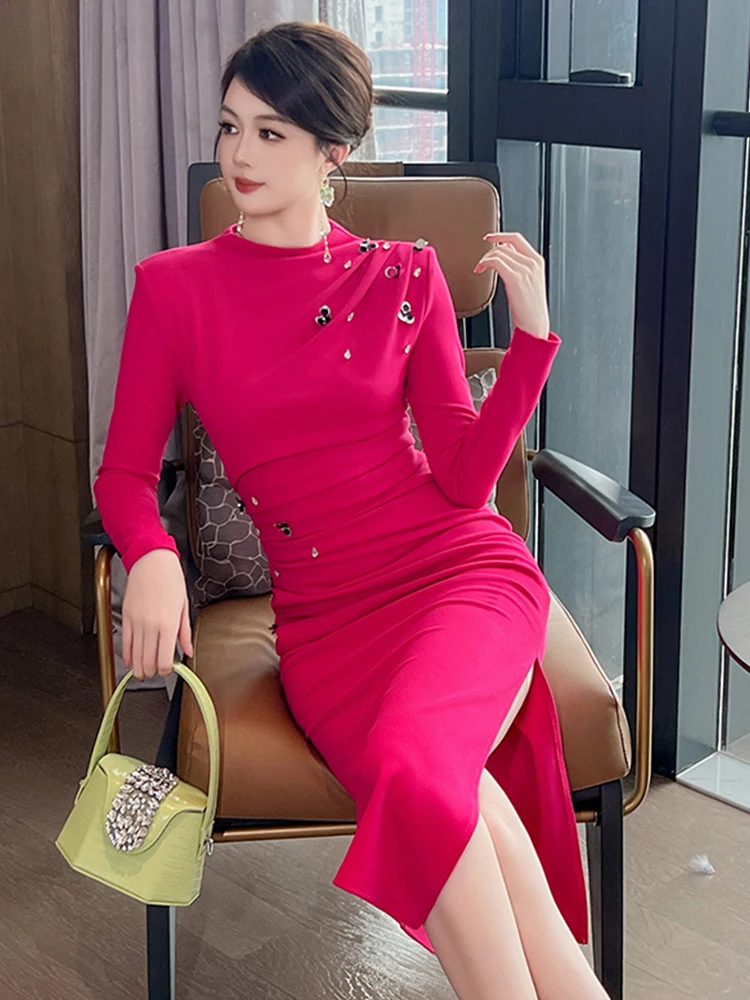 Luxury Formal Dresses Women French Style Diamond Sequin Flower Slit Robe Female Professional Business Party Vestidos