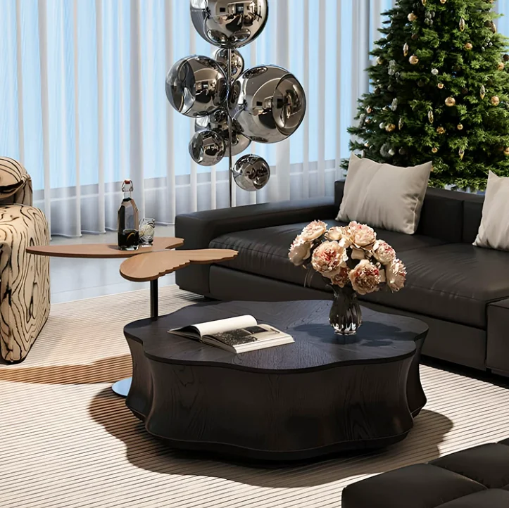 xx-Mid-century Minimalist Irregular Petal Shape Coffee Table & Side Table Set, Modern Combo Center Table for Living Room Drawer&
