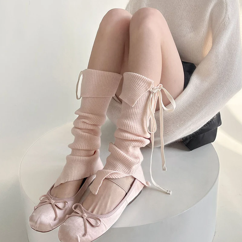 Korea Women Y2K Ballet Tie Bow Knit Leg Socks Strap Pink Leg Warmers Long Calf Sweet Japanese Leg Covers Clothing Accessories